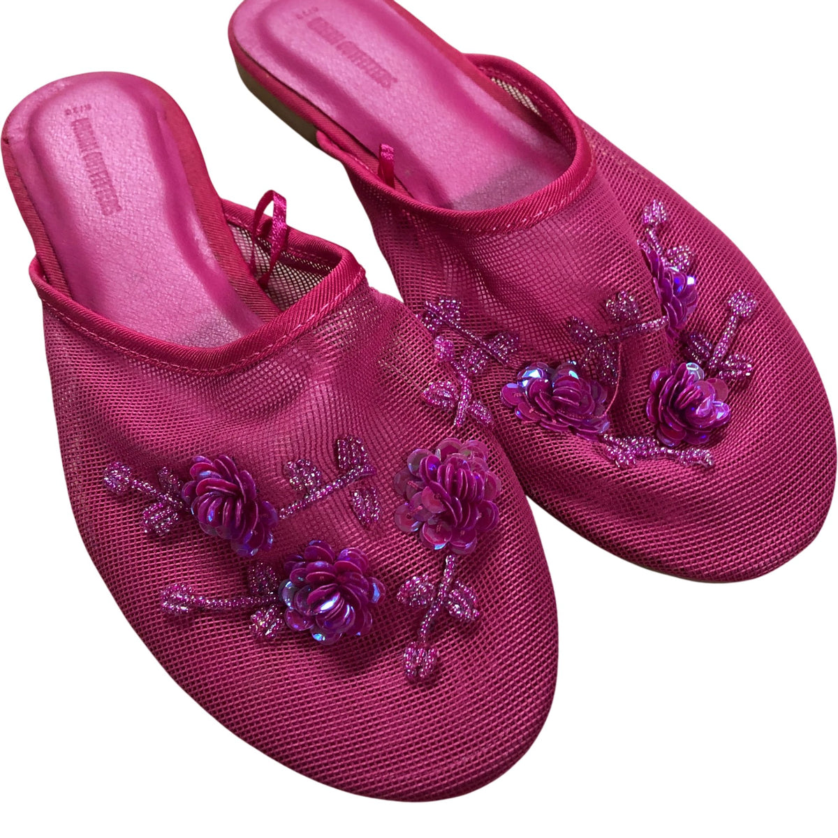 Floral Embellished Slip On Mules Women's Pink Mesh Summer Shoes