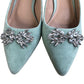Pointed Toe Dusty Blue Suede Slingback Heels Crystal Detail