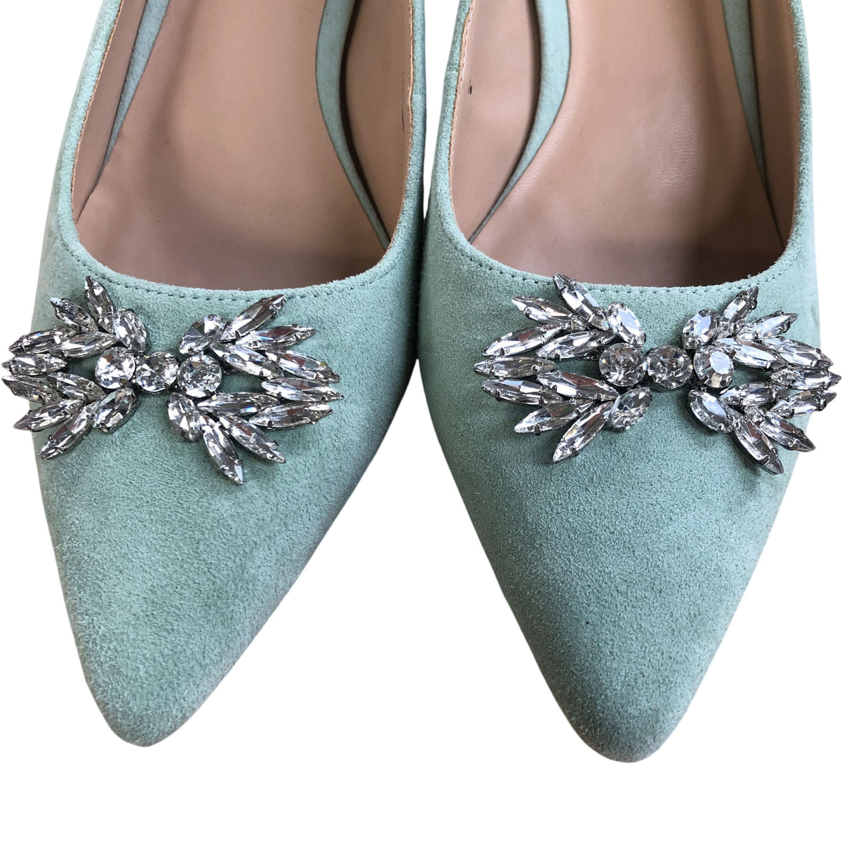 Pointed Toe Dusty Blue Suede Slingback Heels Crystal Detail