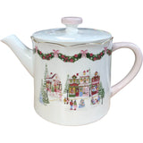 Vintage Style Christmas Village Themed Gold Trim Ceramic Teapot