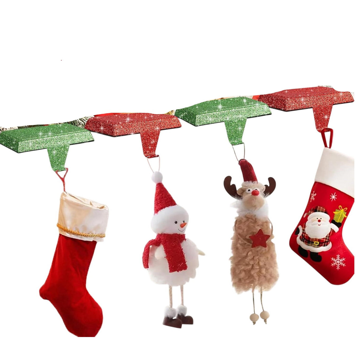 Christmas Mantle Stocking Holders - 4 Pieces Red Green Glitter