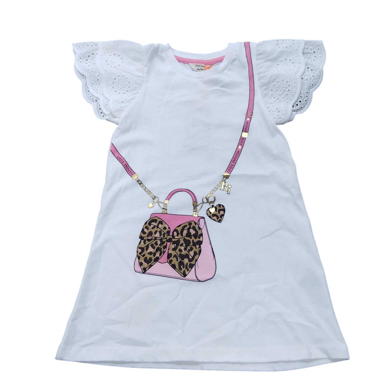 River Island Girls T-Shirt 18-24 Months White Bow Handbag Print Eyelet Sleeves