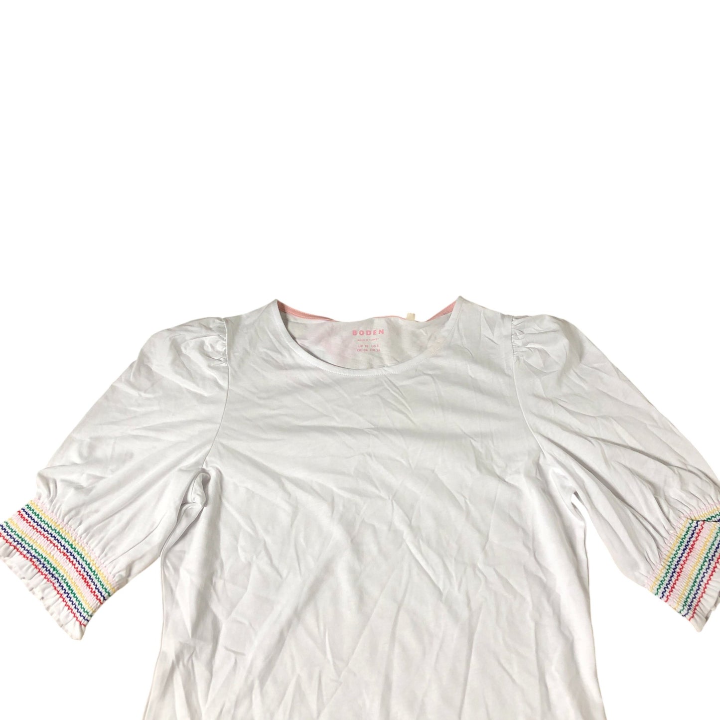 Boden White Top Women's Short Sleeve Cotton Blend Puff Sleeve UK10