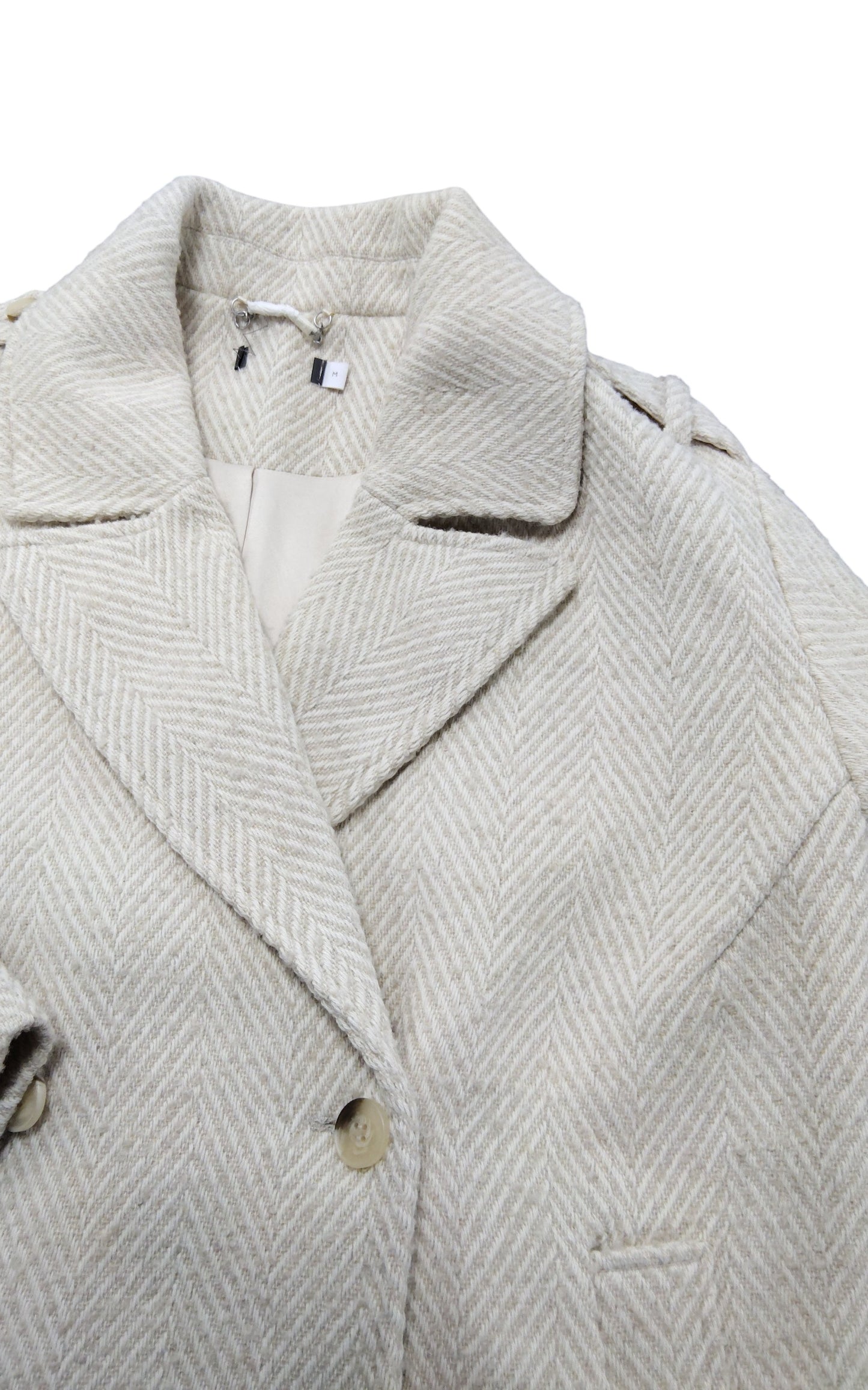 Women's Herringbone Coat Beigey White Single Breasted Size M