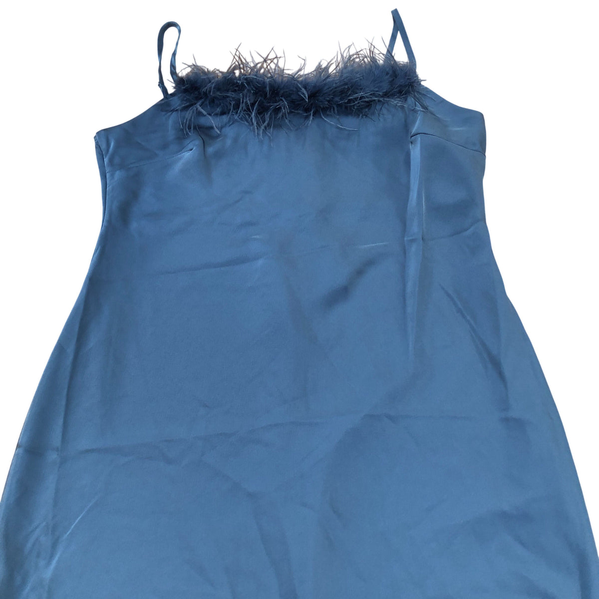 River Island Long Satin Dress Women's Blue with Feather Trim Spaghetti Str