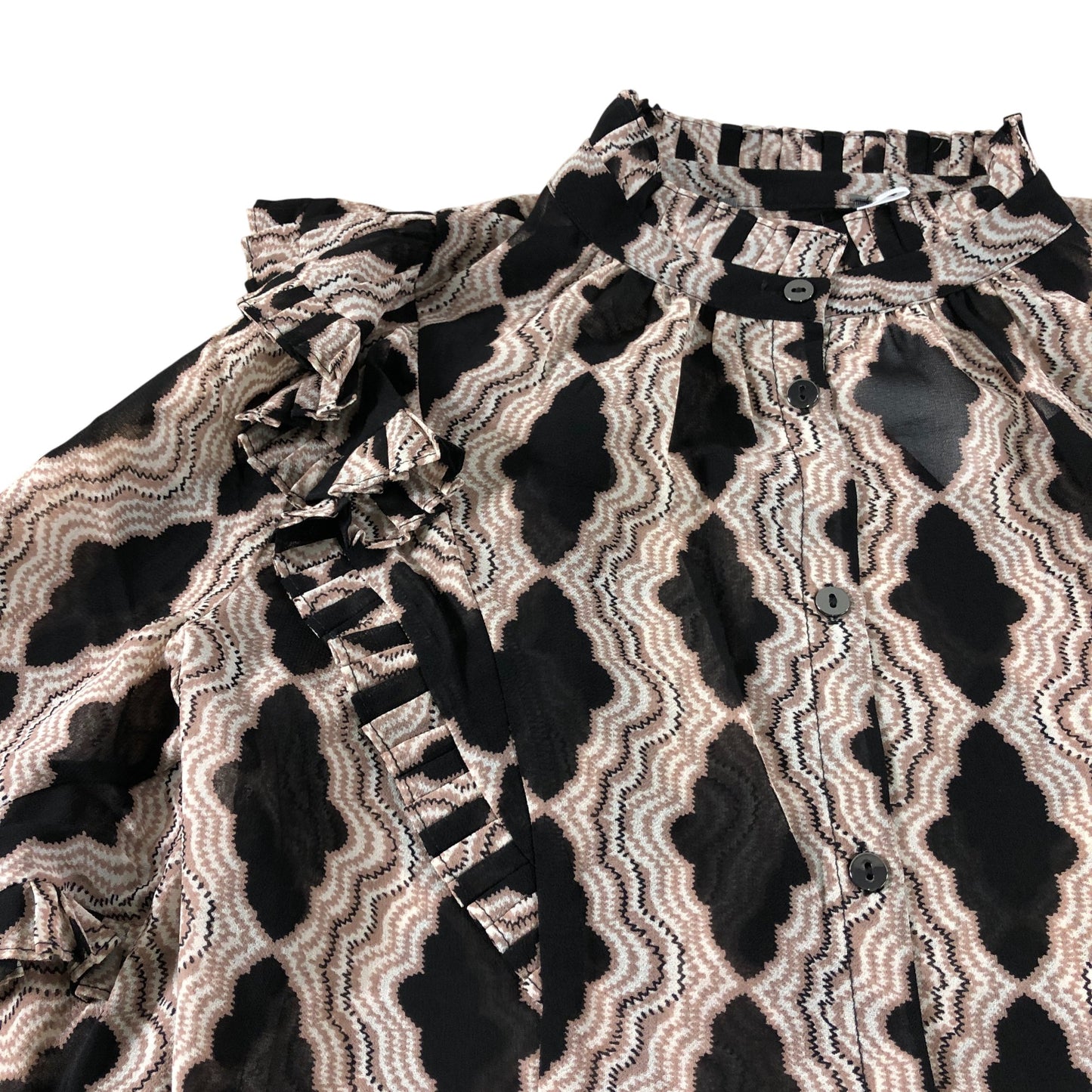 Branded Beige Abstract Print Ruffle Blouse - Size 8