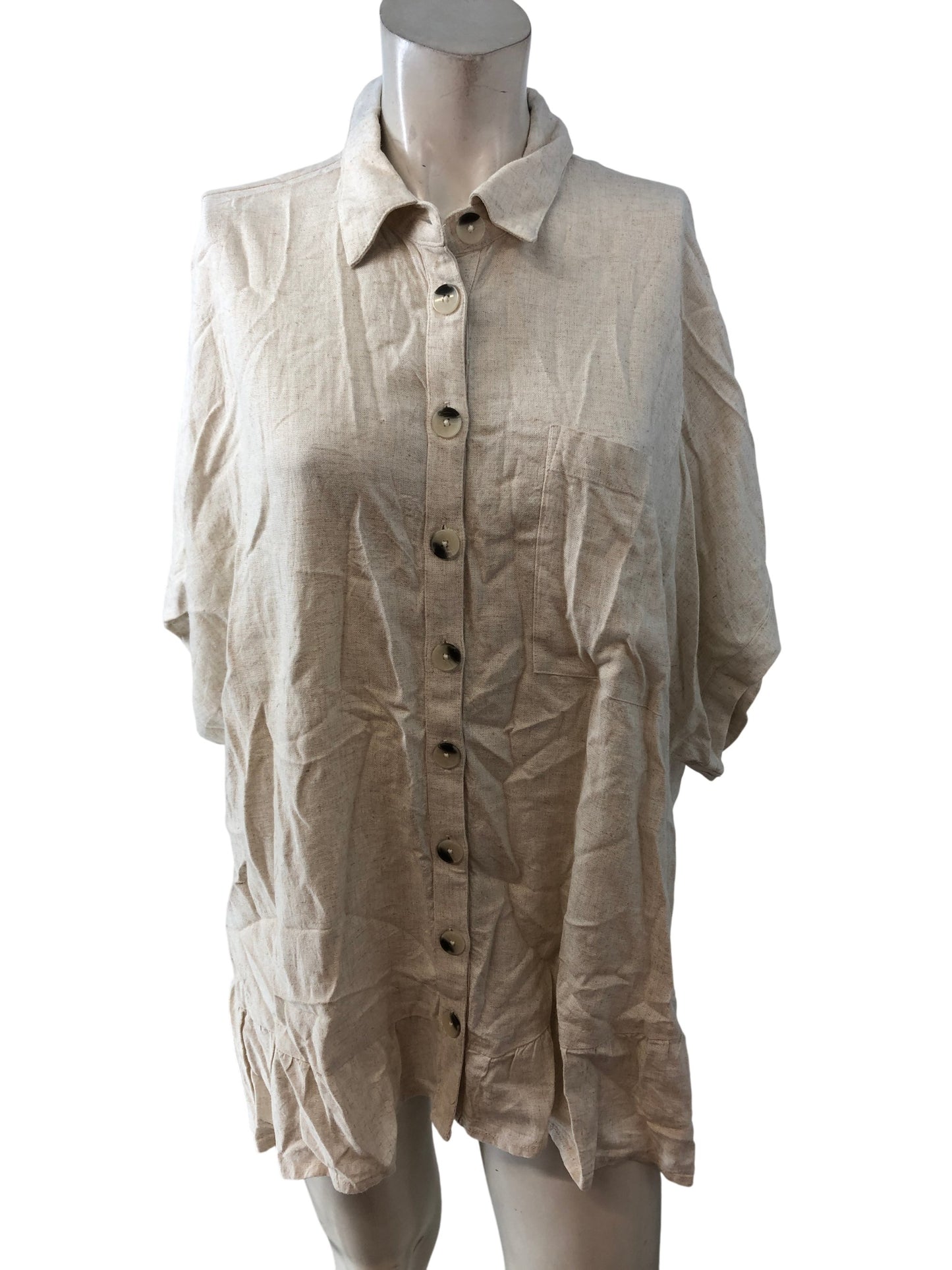 River Island Women’s Zibar Blouse M Stone Light Linen Blend Button Front Top