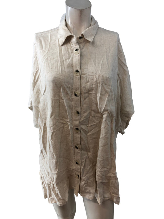 River Island Women’s Zibar Blouse M Stone Light Linen Blend Button Front Top