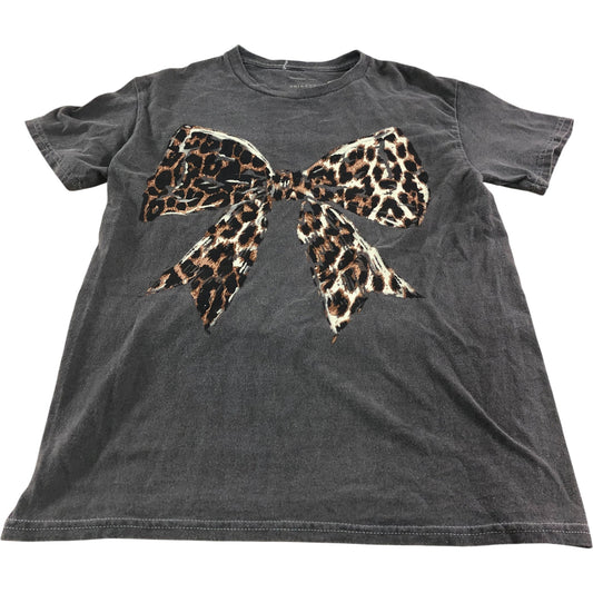 River Island Leopard Print Bow T-Shirt UKXS Women's Casual Grey Cotton Top