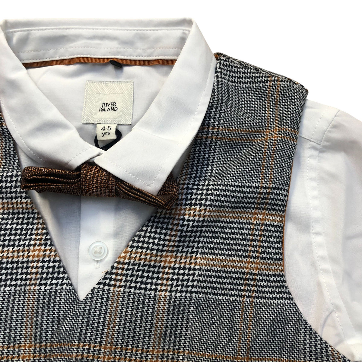 River Island Kids Four Piece Grey Check Suit - Shirt Trousers Waistcoat Bow Tie
