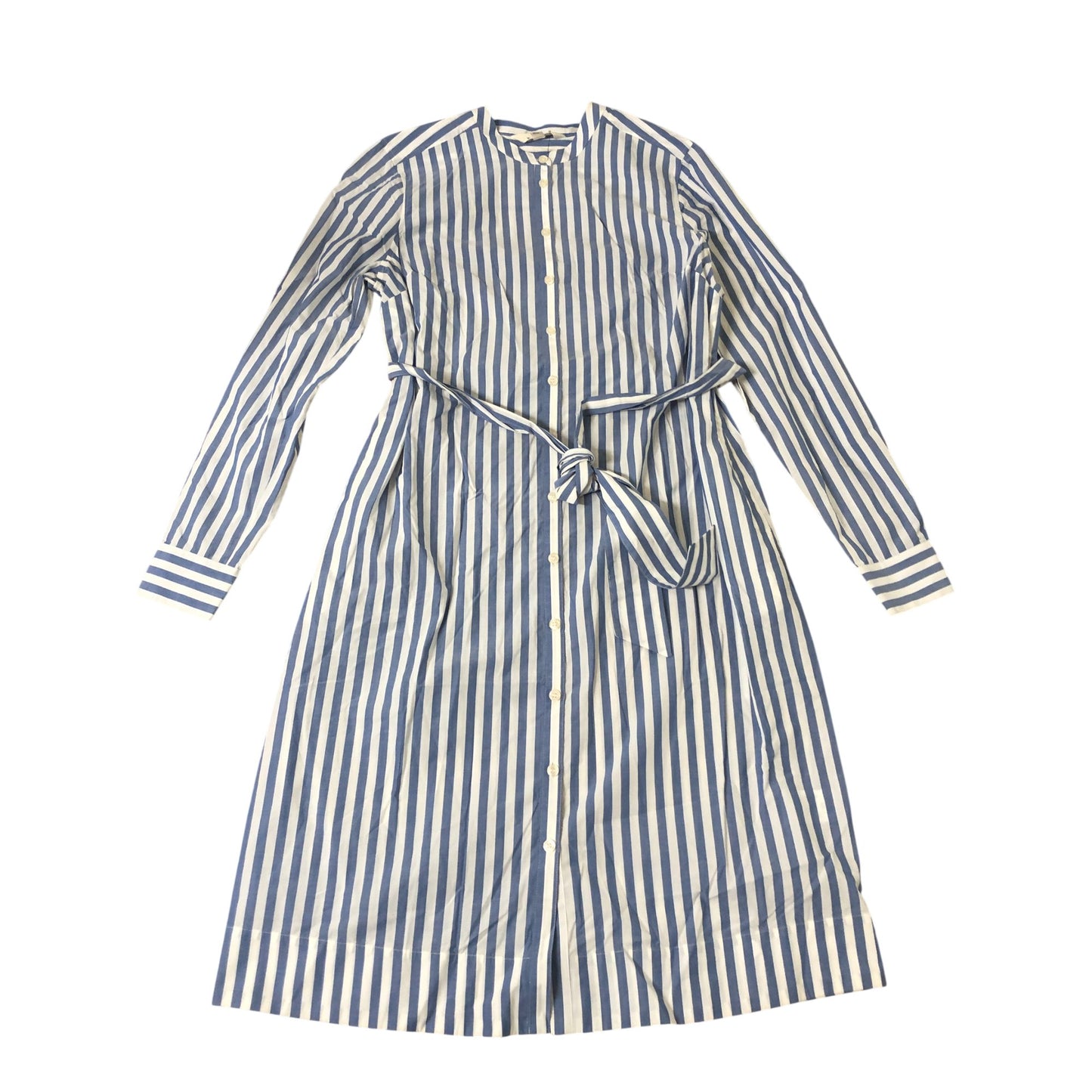 Blue Striped Button Up Shirt Dress UK12 Women's Long Sleeve Tie Waist