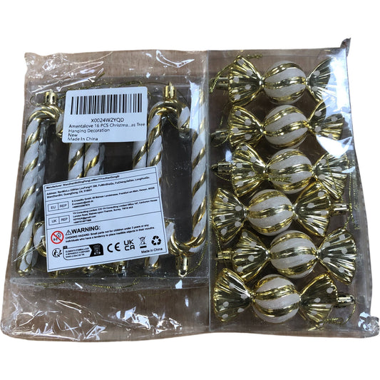 Gold & White Candy Cane & Sweet Hanging Christmas Decorations 16 Pieces