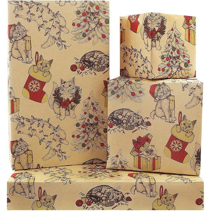 Vintage Themed Christmas Wrapping Paper Cats & Candy 12 Sheets