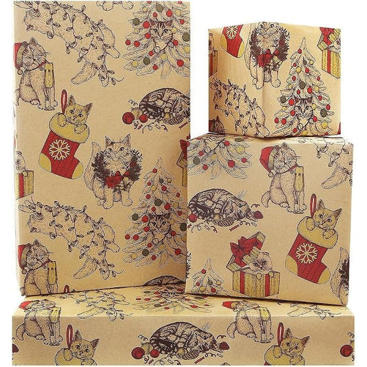 Vintage Themed Christmas Wrapping Paper Cats & Candy 12 Sheets