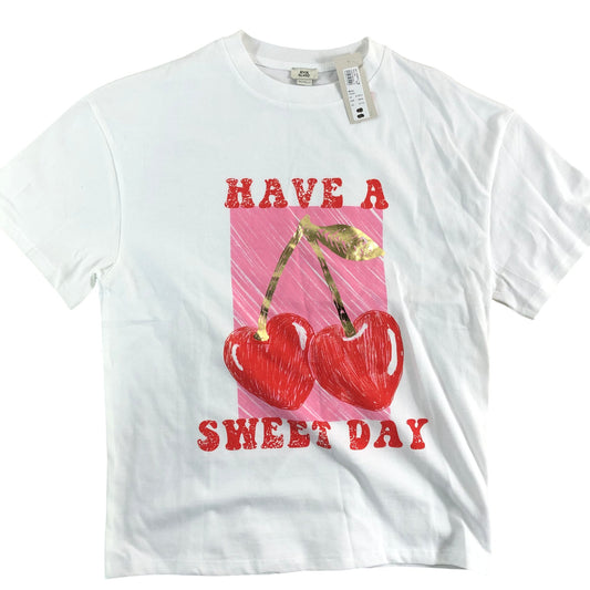 RIVER ISLAND Girls Casual T-Shirt UK9-10 Years Cherry Print Have A Sweet Day