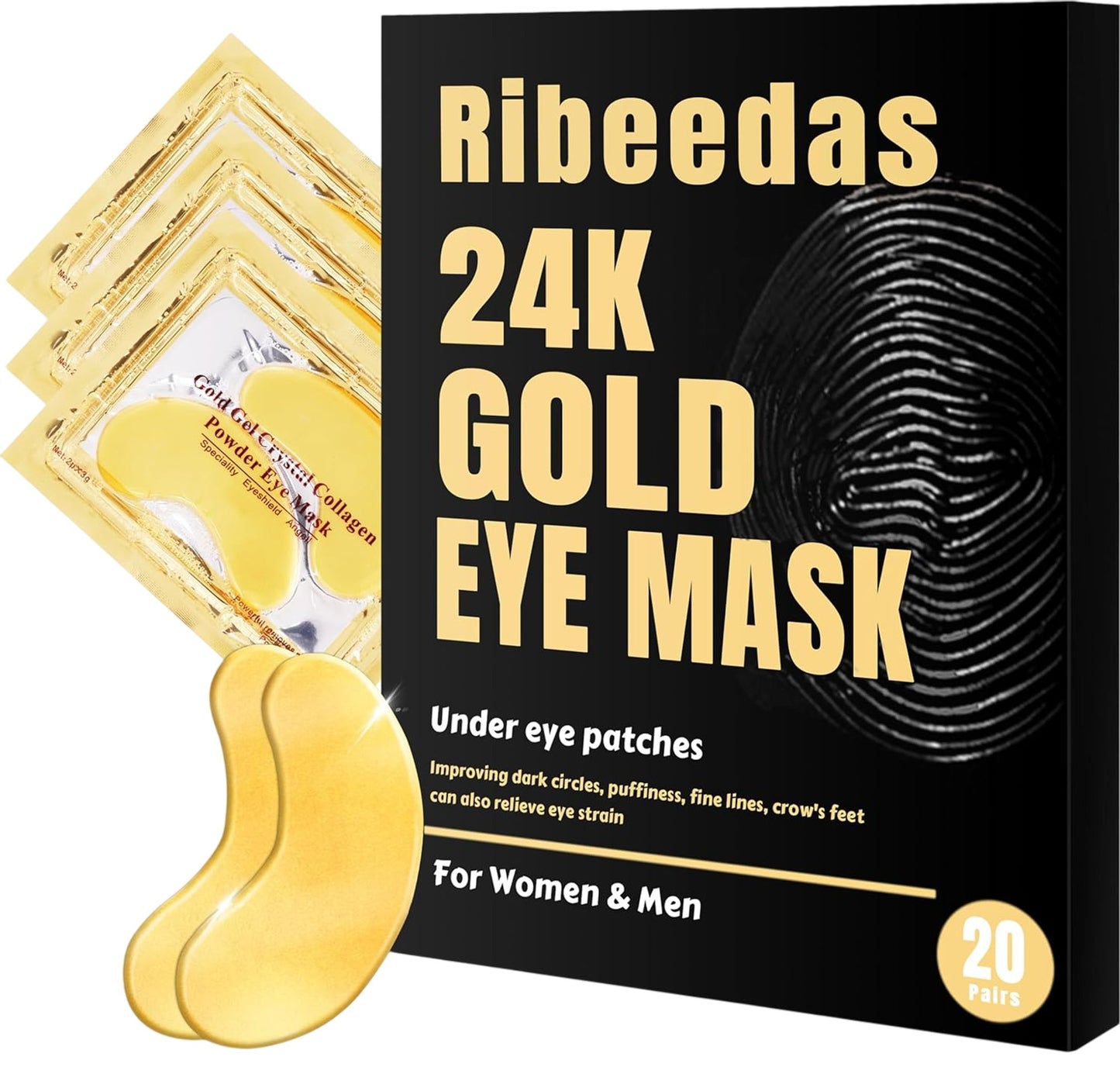 RIBEEDAS 24K Gold Eye Mask Under Eye Patches 20 Pairs For Women And Men