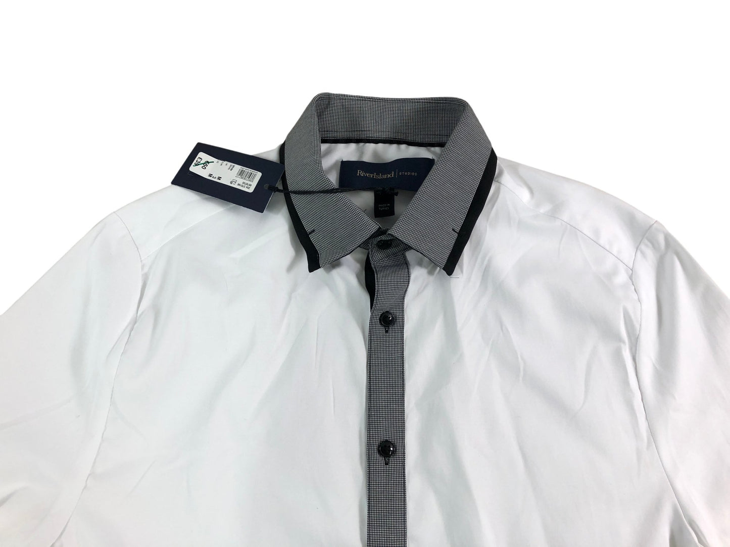 River Island White Short Sleeve Shirt With Grey Check Collar Size M Men's