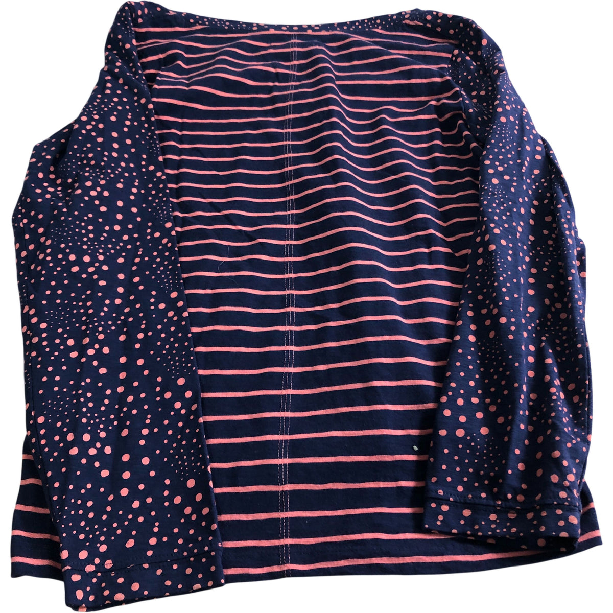 Women's Cotton Top UK10 V Neck Navy Pink Polka Dot Long Sleeve Blouse