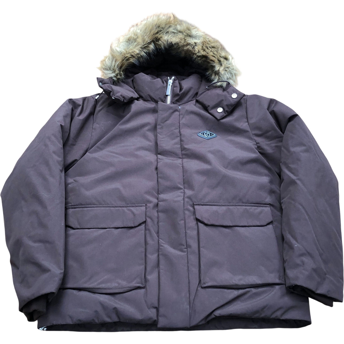 River Island Studio Brown Hooded Coat with Faux Fur
