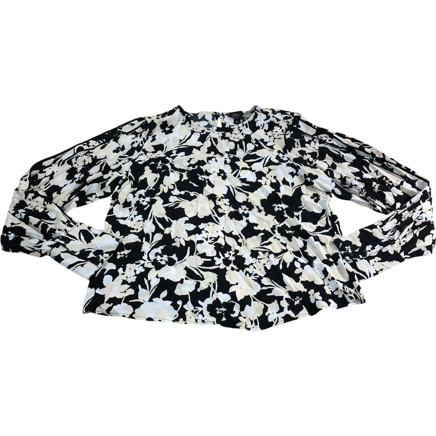 River Island Floral Print Blouse UK14 Women's Long Sleeve Black Cream Viscose