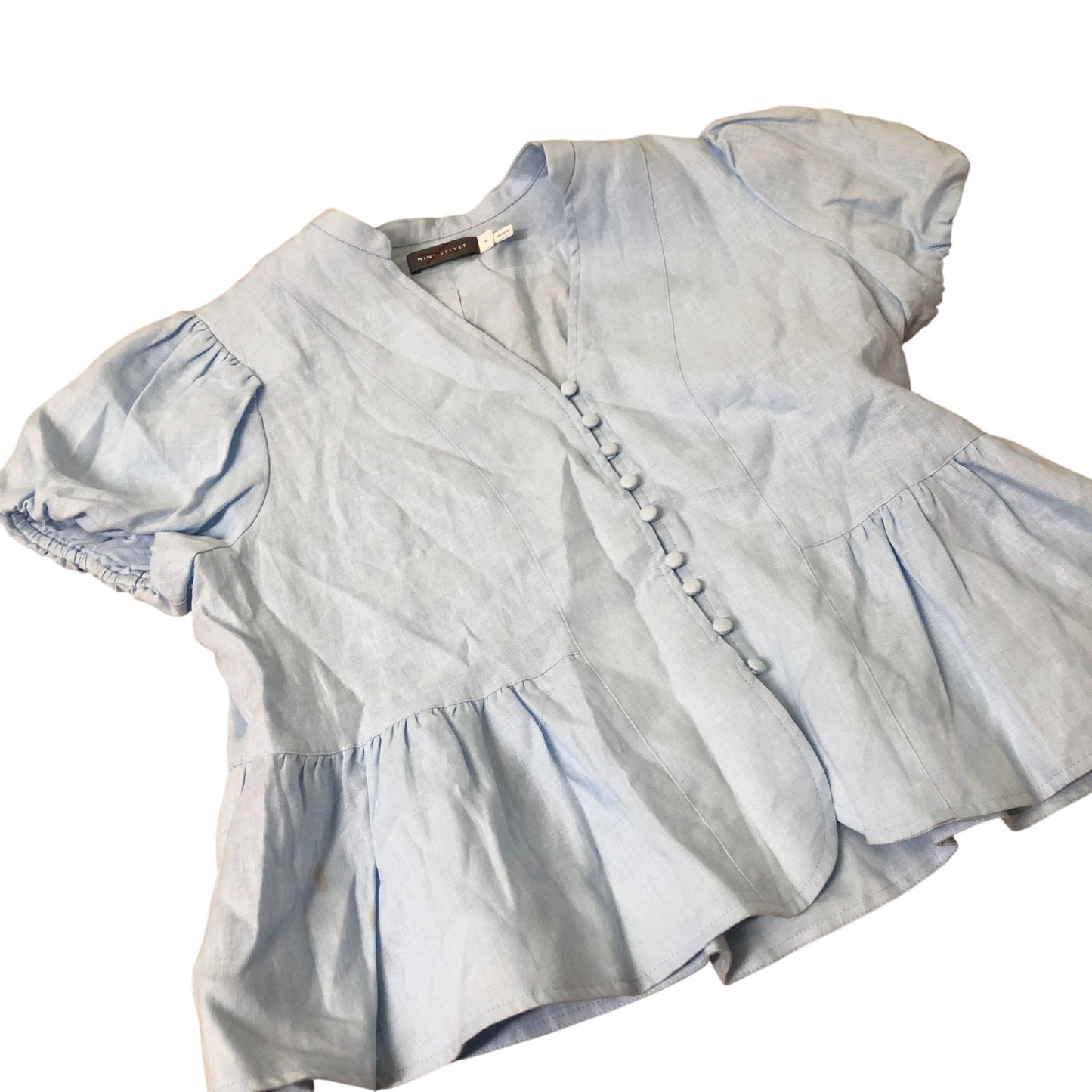 Short Sleeve Peplum Blouse Women's Light Blue Linen Button-Up Medium