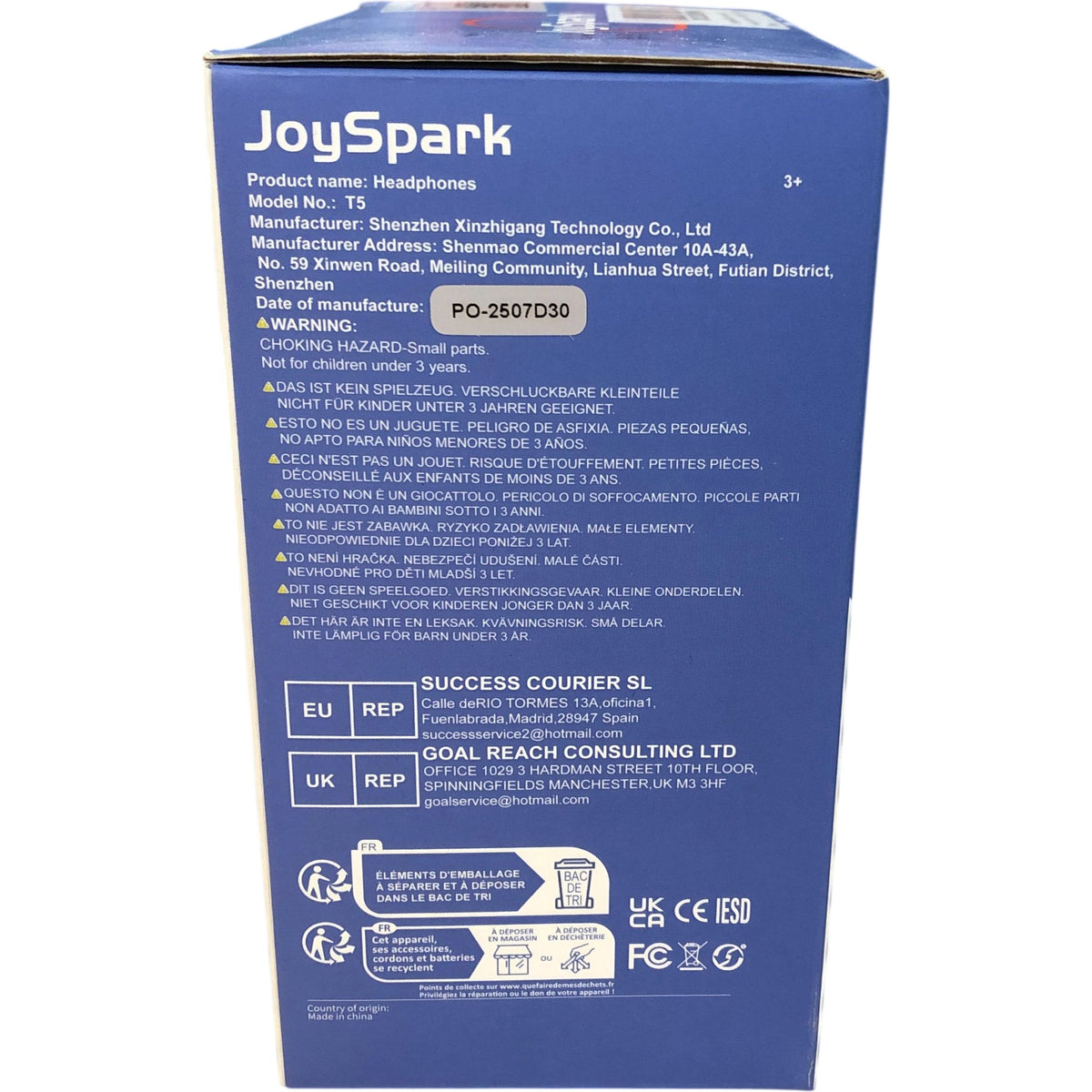 JoySpark T5 Wireless Headphones Professional Kids Bluetooth High Bass Blue