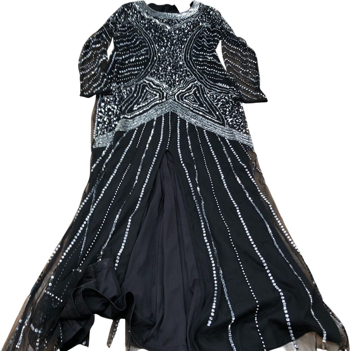 Beaded Maxi Dress UK Size 14 Evening Wear Long Sleeve Black Sparkly