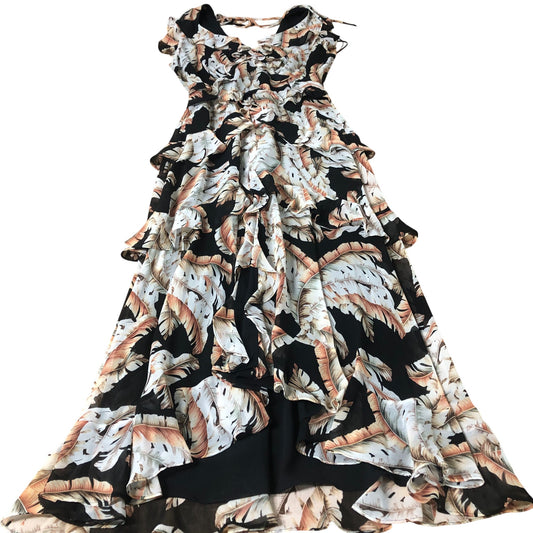 Floral Ruffle Maxi Dress Women's Black Cream Leaf Print UK8