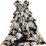 Floral Ruffle Maxi Dress Women's Black Cream Leaf Print UK8