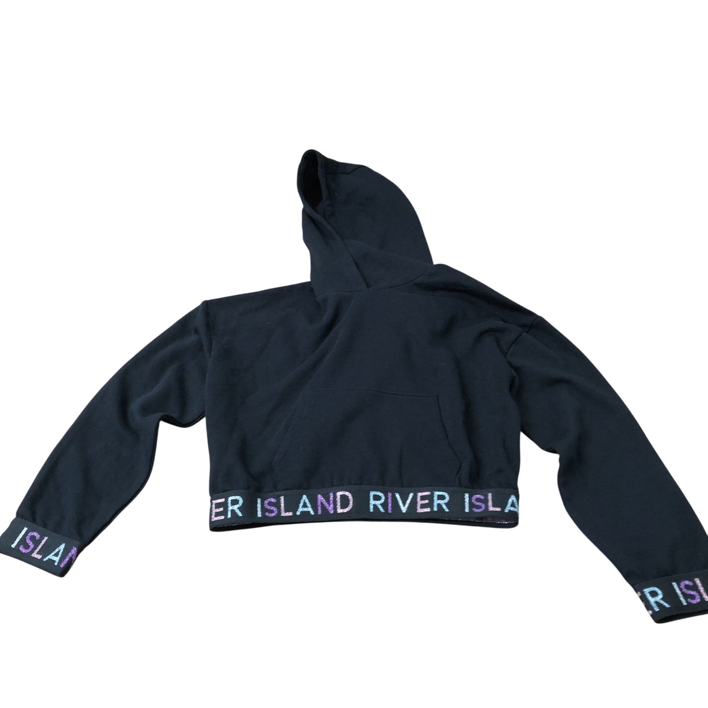 River Island Cropped Hoodie Girl's Black With Rainbow Logo 9-10 Years