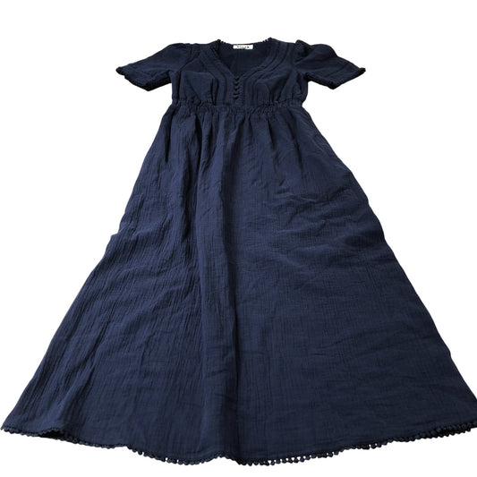 Button Detail Maxi Dress Women's Navy Blue Cotton Short Sleeve UK6