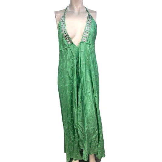 River Island Poolside Dress Size M Women's Green Embroidered Halter Neck
