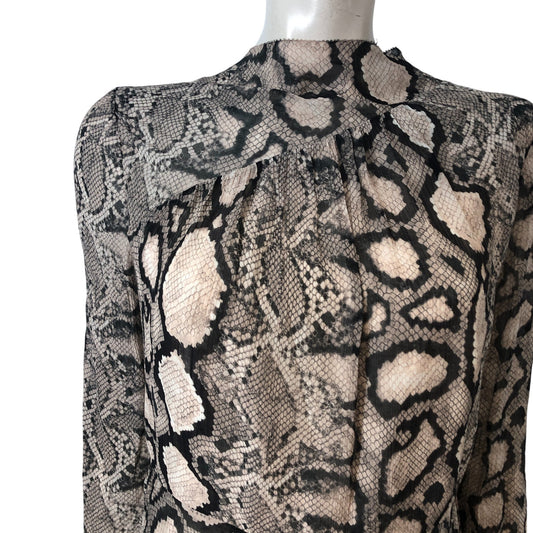 AllSaints Rizo Dress UK12 Women's Long Sleeve Snakeskin Print Ecru Midi