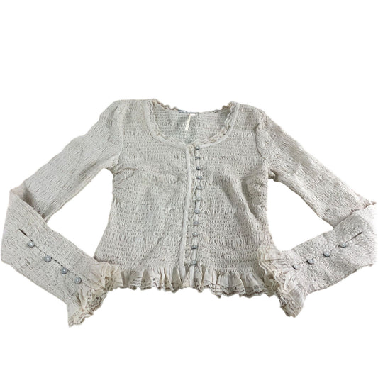 Women's Beige Smocked Long Sleeve Blouse Frill Details