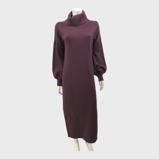 Branded Burgundy Knitted Roll Neck Dress - Size 10