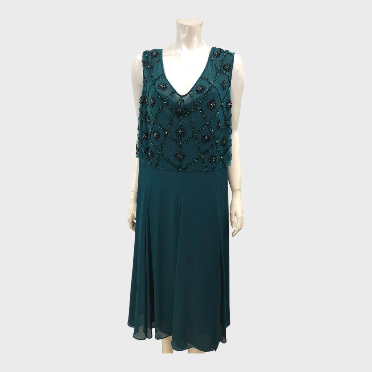 Jacques Vert Dark Green Bead Layered Dress - Size 24