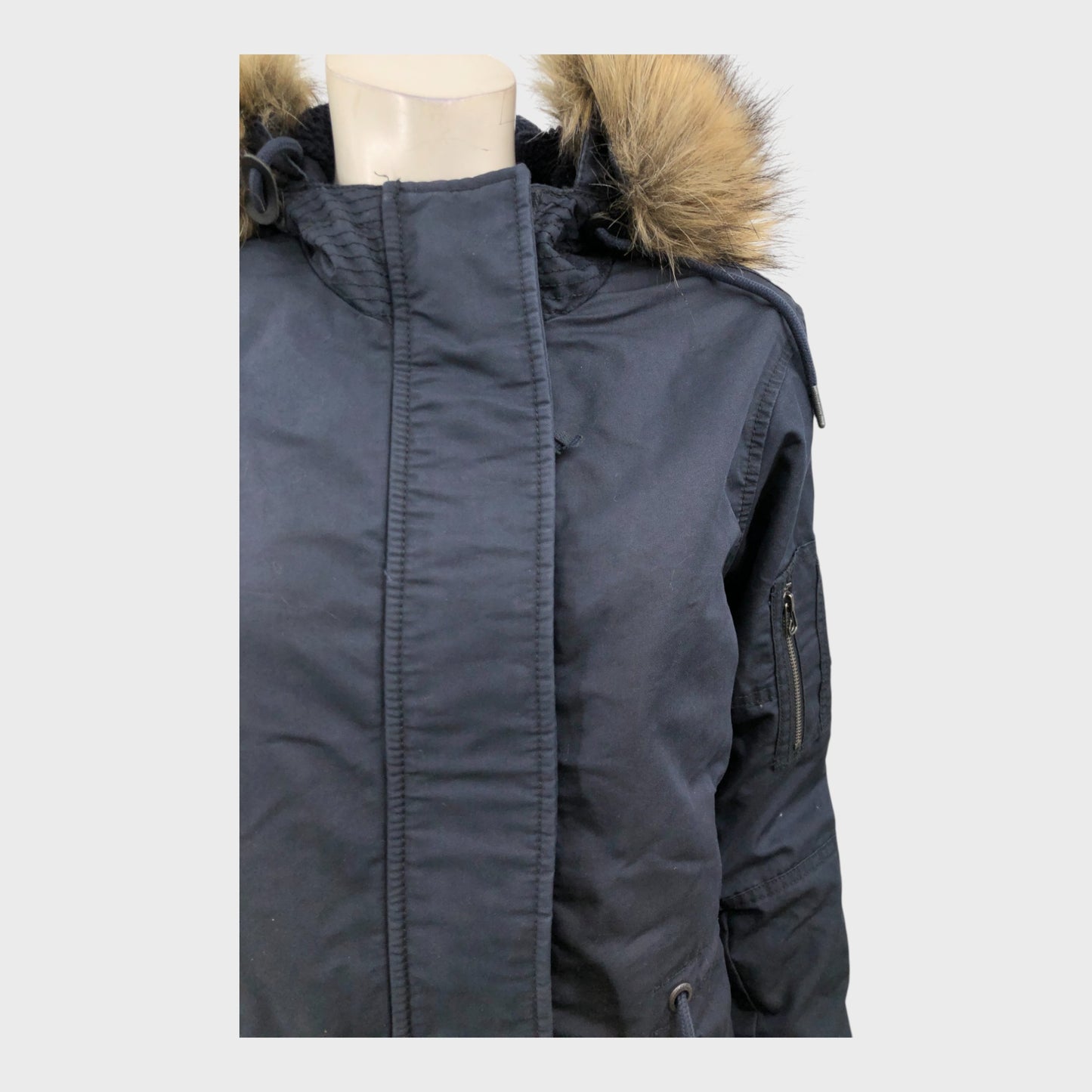 Branded Dark Blue Faux Fur Parka - Size 10