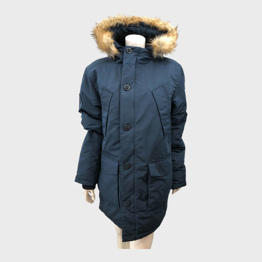 Branded Dark Blue Faux Fur Parka - Size Large