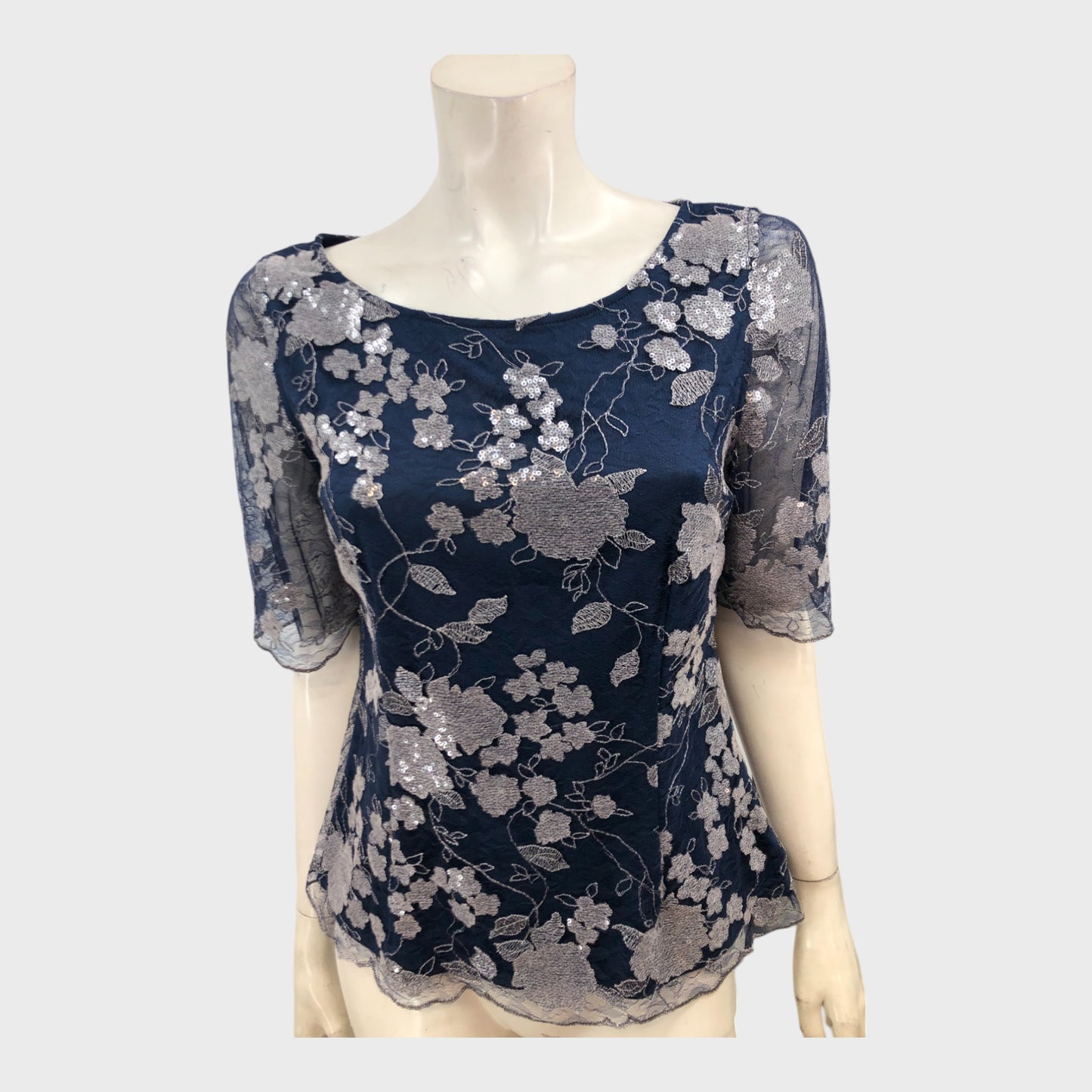 Jacques Vert Metallic Navy Lace Sequin Top - Size 10