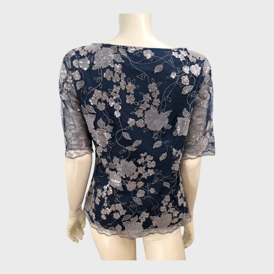 Jacques Vert Metallic Navy Lace Sequin Top - Size 10