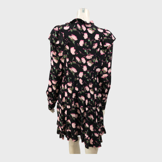 Branded Black Floral Print Ruffle Dress - Size 12