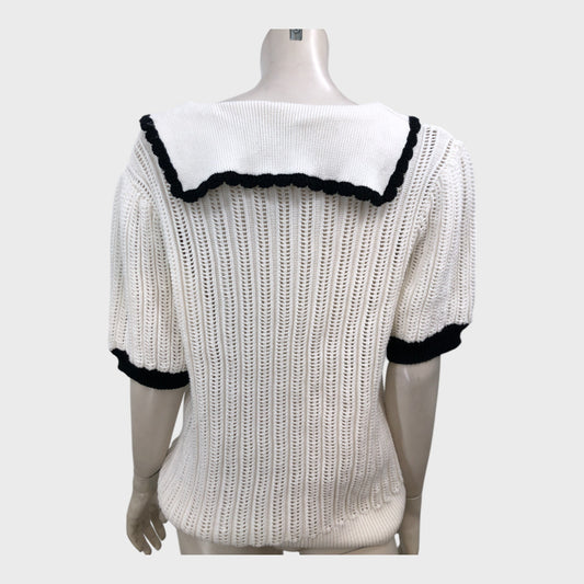 Branded Cream/Navy Collar Tie Top - Size 12