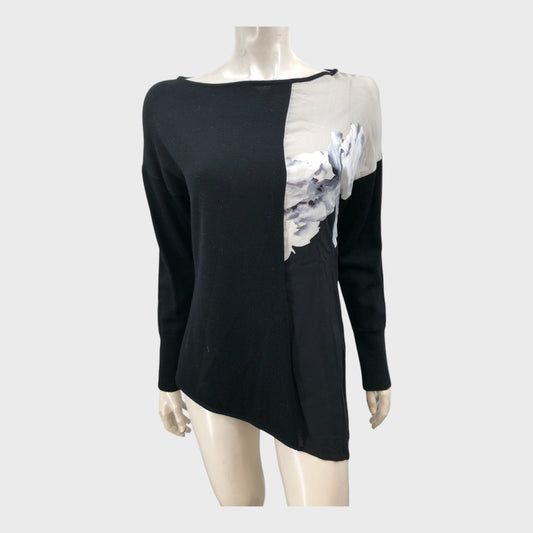 Branded Black Contrast Print Asymmetric Top - Size 12