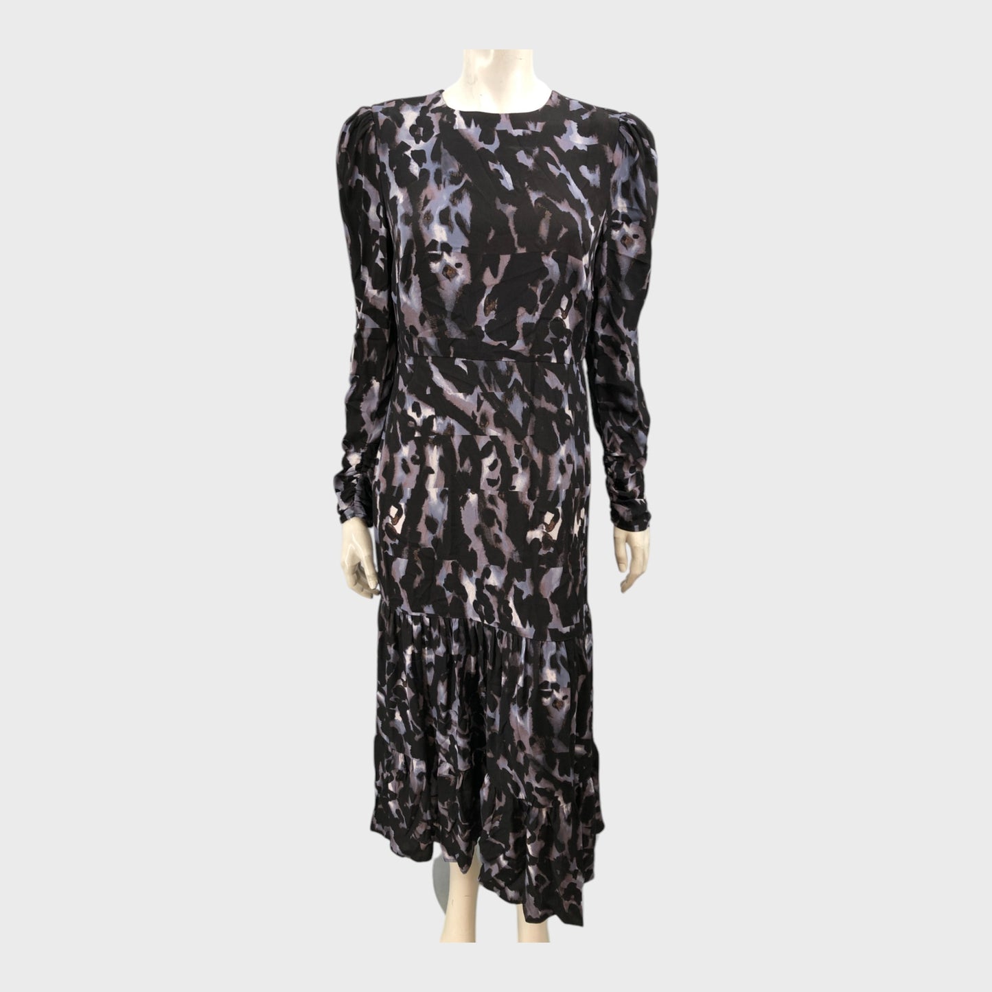 Branded Charcoal Animal Print Tiered Midi Dress - Size 12