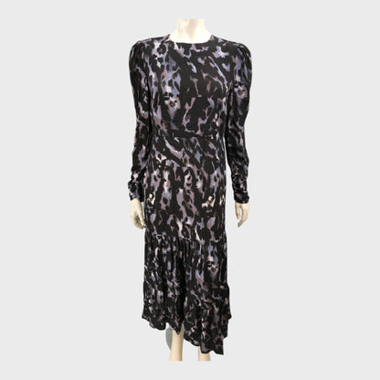 Branded Charcoal Animal Print Tiered Midi Dress - Size 12