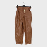 Women's Button-up Leather-look Trousers Brown Size 10