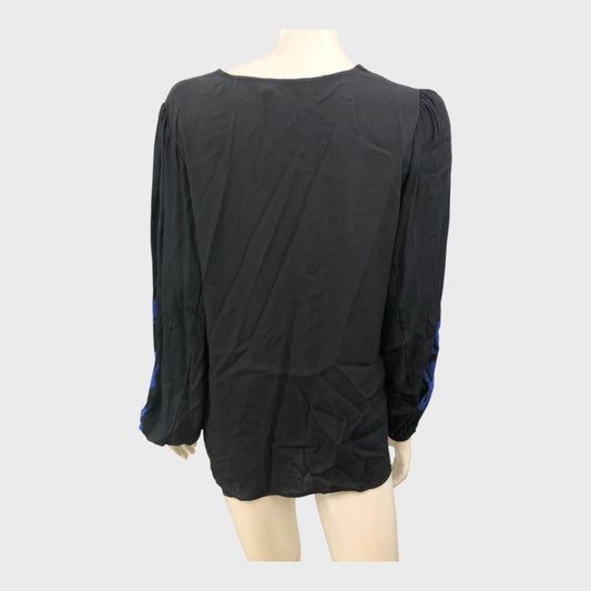 Branded Black Printed Volume Sleeve Blouse - Size 12