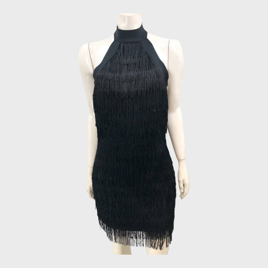 Warehouse Black Tassel Neck Bandage Knit Dress - Size 12