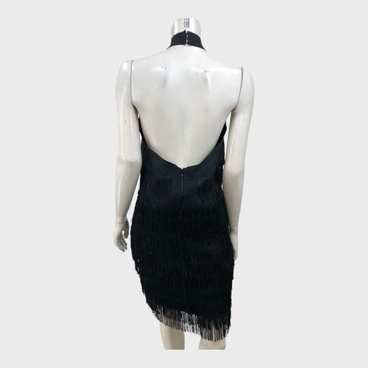 Warehouse Black Tassel Neck Bandage Knit Dress - Size 12