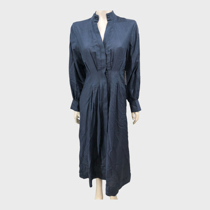 Dark Blue Stand Collar Tuck Waist Dress - Size 12